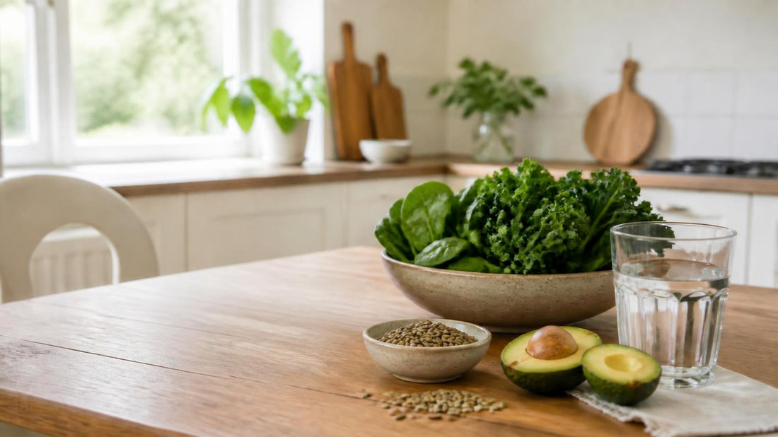 Bowl of spinach and kale with avocado, seeds and a glass of water on a kitchen table, folate-rich foods for MTHFR